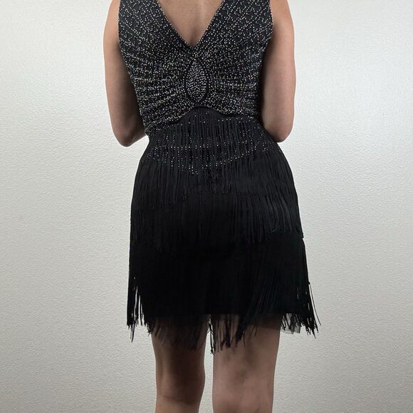 Unique Vintage Retro 1920s Fringe Beaded Mini Flapper Dress Black Silver Small - Picture 2 of 16